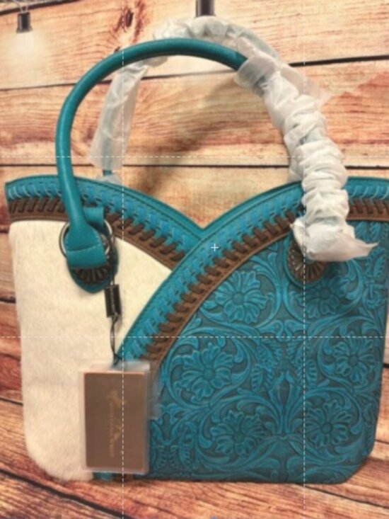 Montana West Handbags - Montana West Turquoise Cowhide Floral Tooled Tote Bag NWT - Sold out